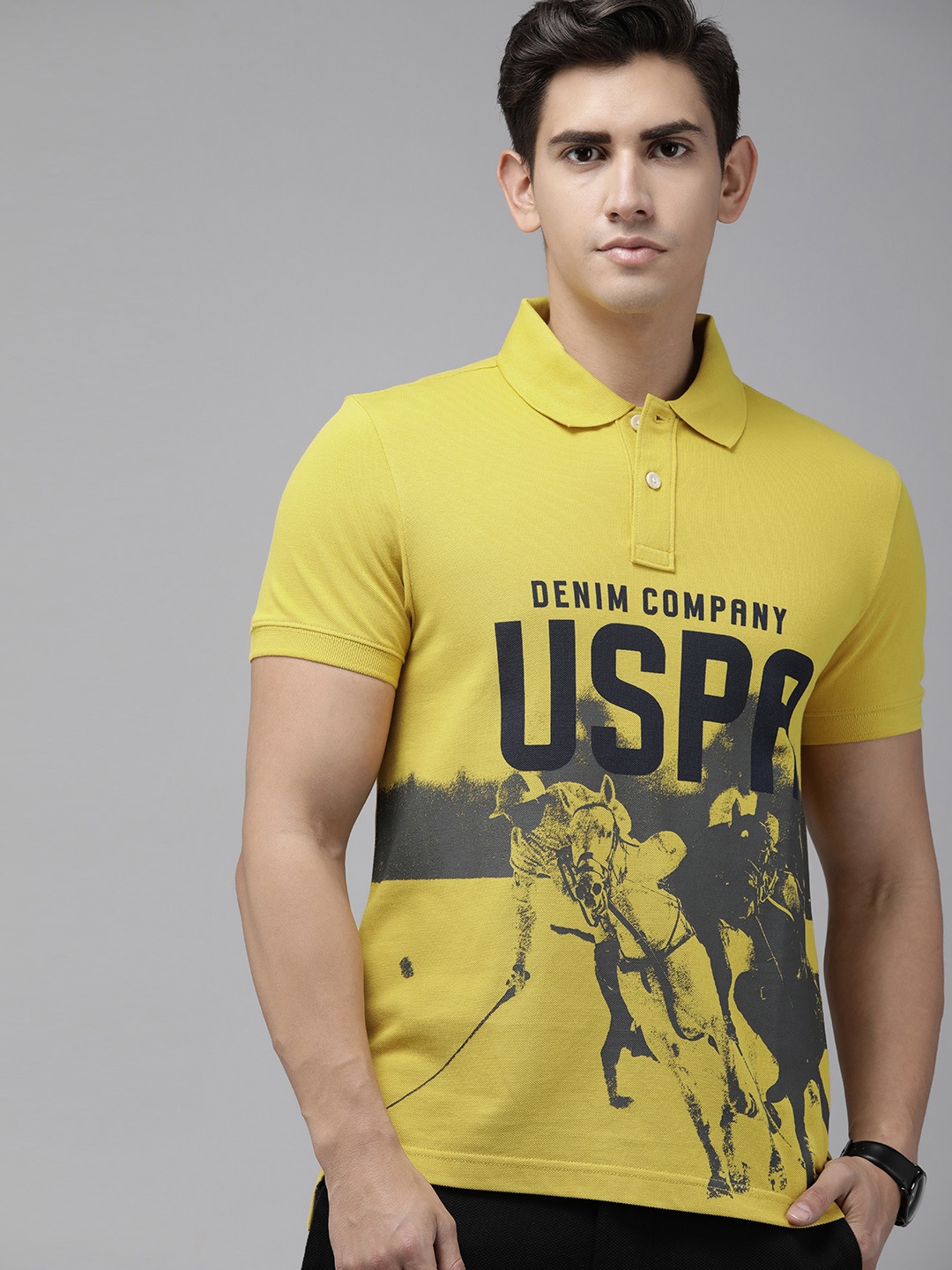 

U.S. Polo Assn. Denim Co. Men Brand Logo Printed Polo Collar Pure Cotton Slim Fit T-shirt, Mustard