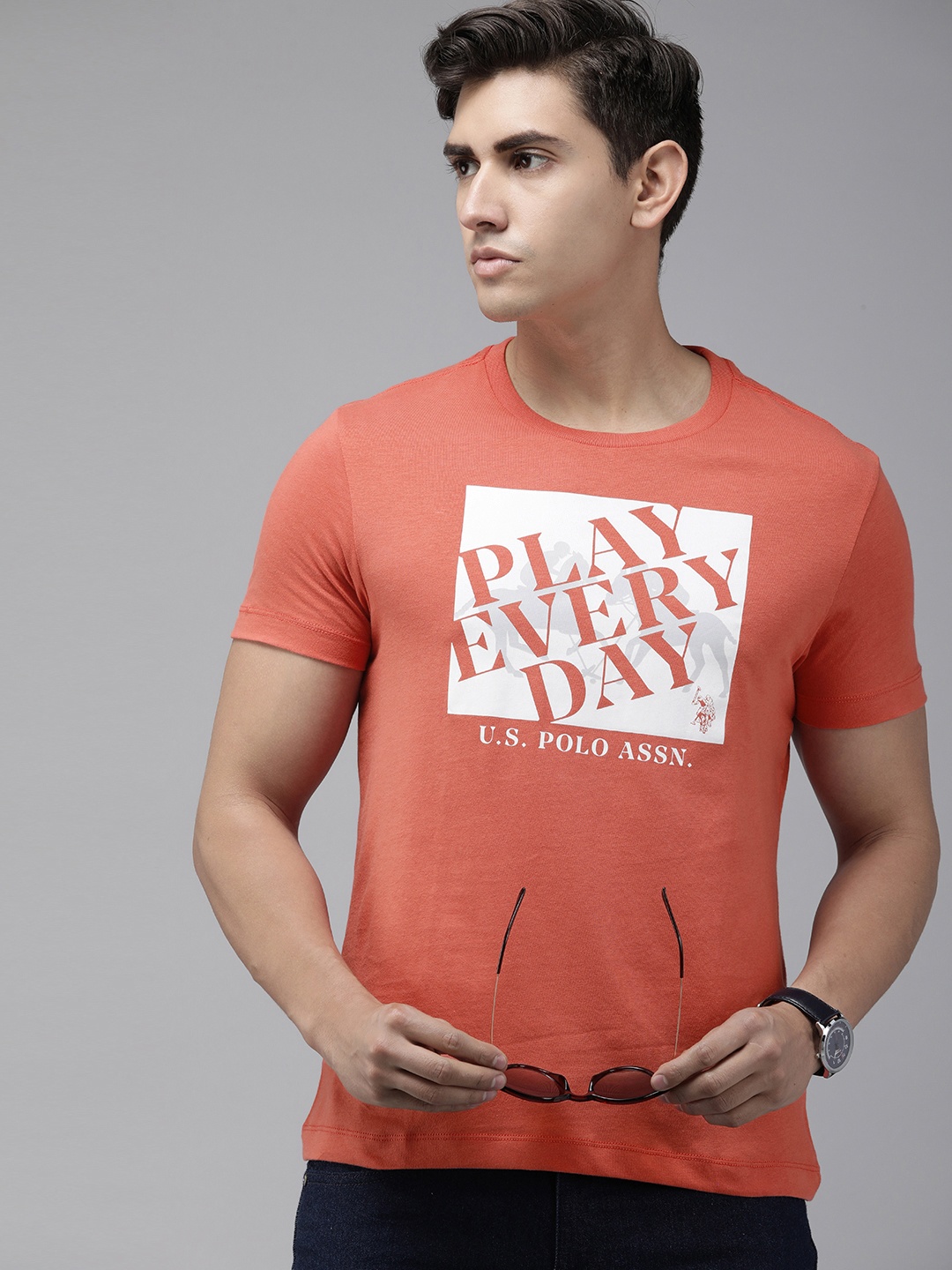 

U.S. Polo Assn. Denim Co. Pure Cotton Typography Printed Slim Fit T-shirt, Coral