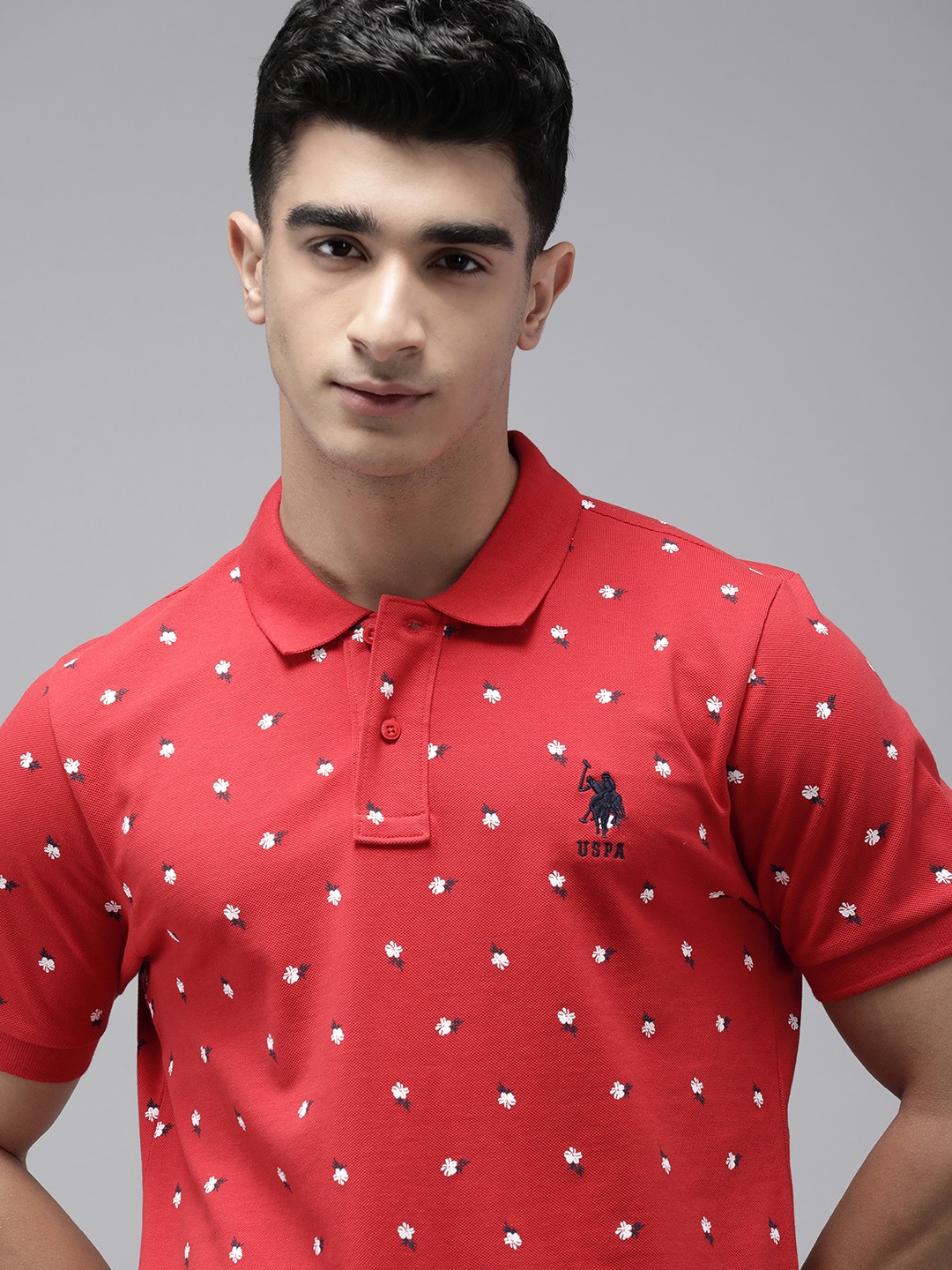 

U.S. Polo Assn. Floral Printed Polo Collar Pure Cotton Slim Fit T-shirt, Red