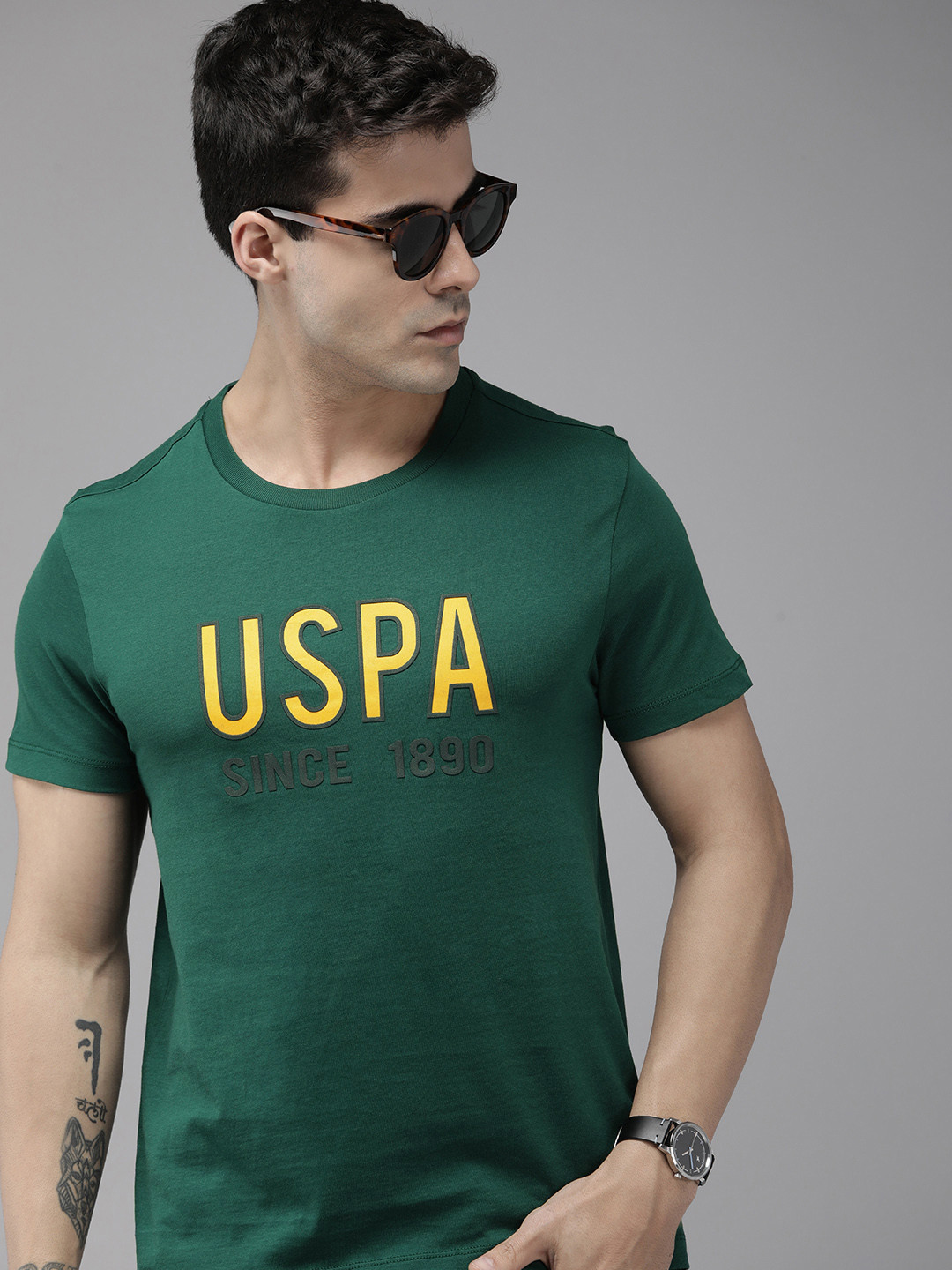 

U.S. Polo Assn. Men Brand Logo Printed Pure Cotton Slim Fit T-shirt, Green