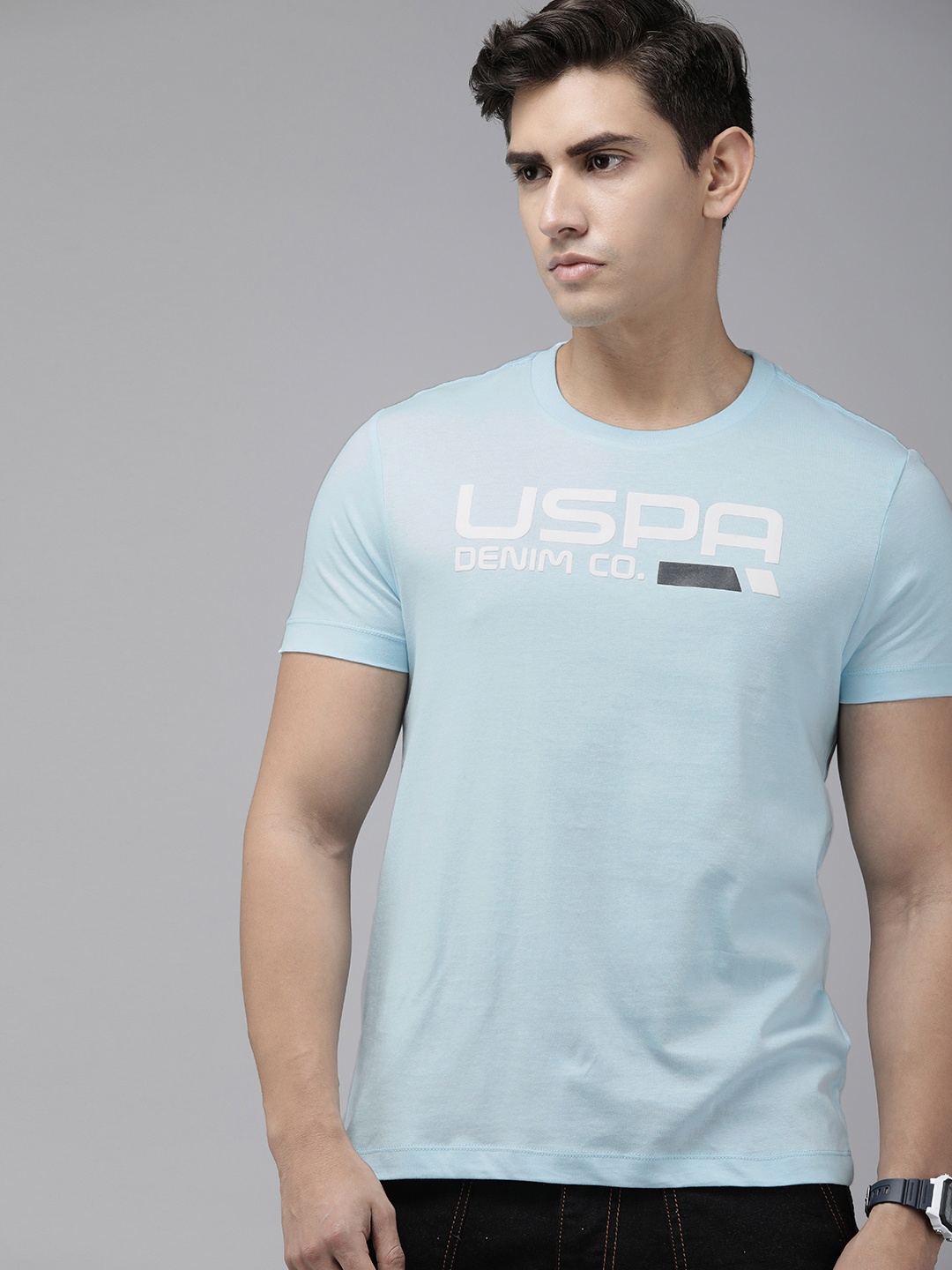 

U.S. Polo Assn. Denim Co. Men Brand Logo Printed Pure Cotton Slim Fit T-shirt, Blue