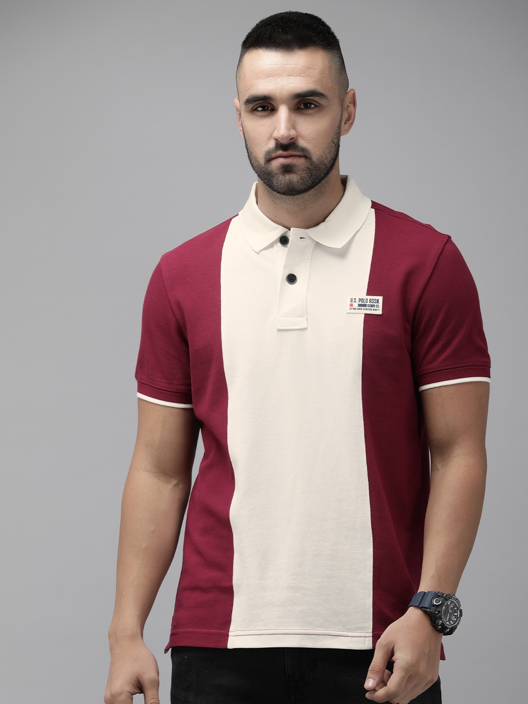 

U.S. Polo Assn. Denim Co. Colourblocked Polo Collar Pure Cotton Slim Fit T-shirt, Maroon