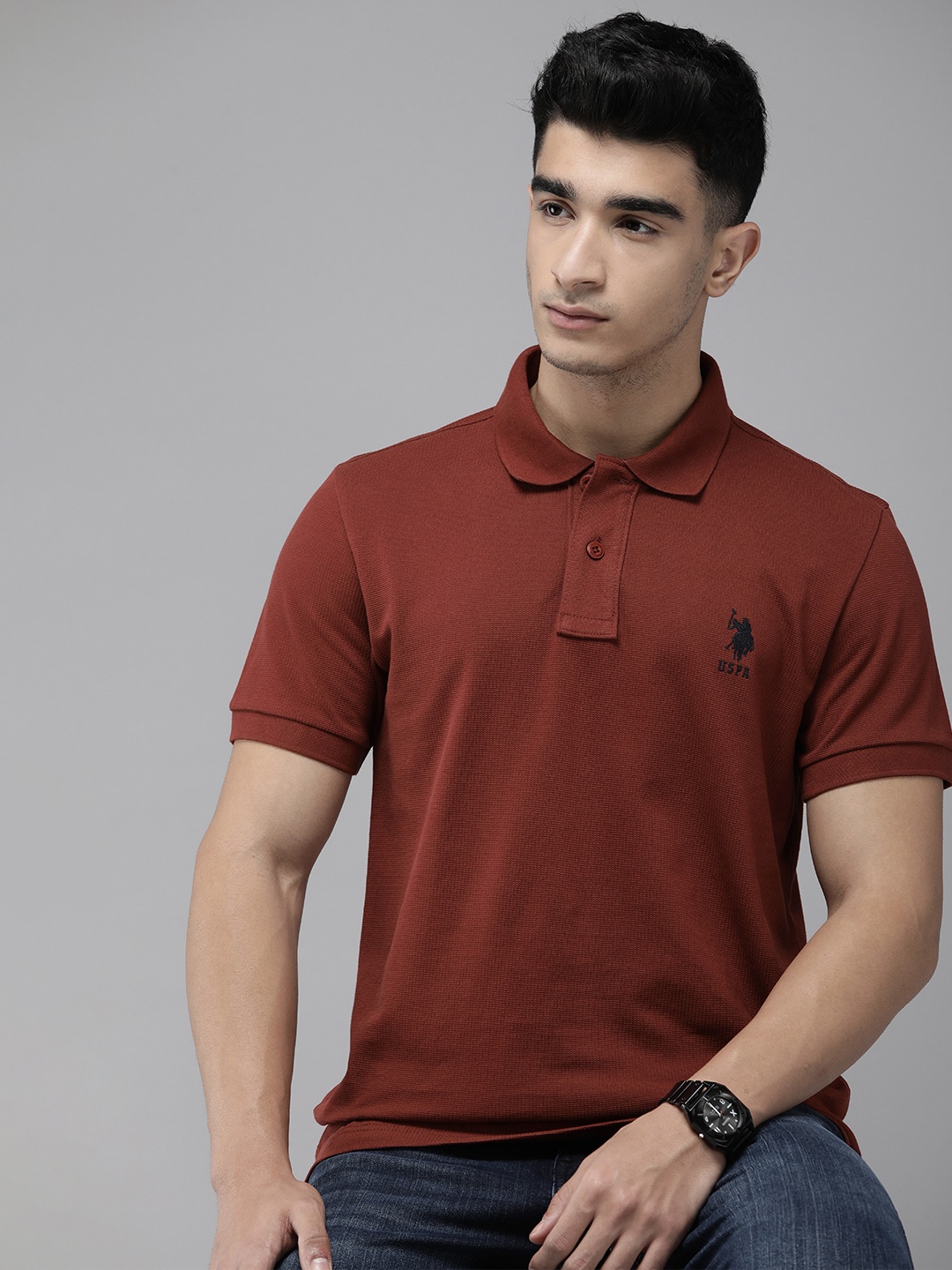 

U.S. Polo Assn. Pure Cotton Self Design Polo Collar Slim Fit T-shirt, Maroon