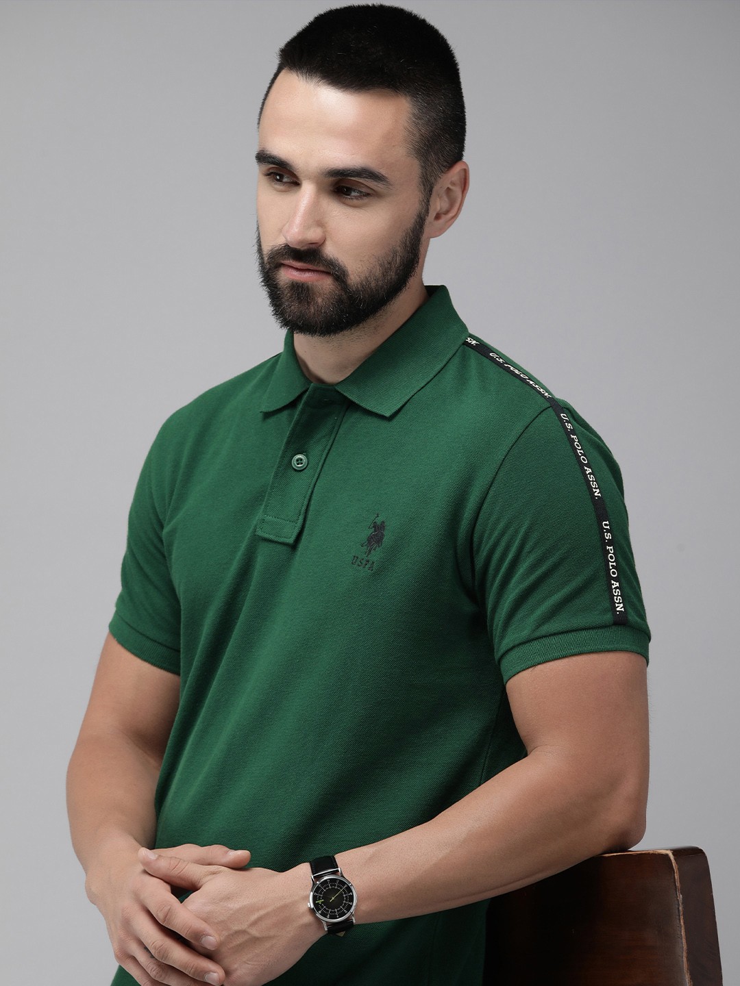 

U.S. Polo Assn. Men Polo Collar Pure Cotton Slim Fit T-shirt, Green