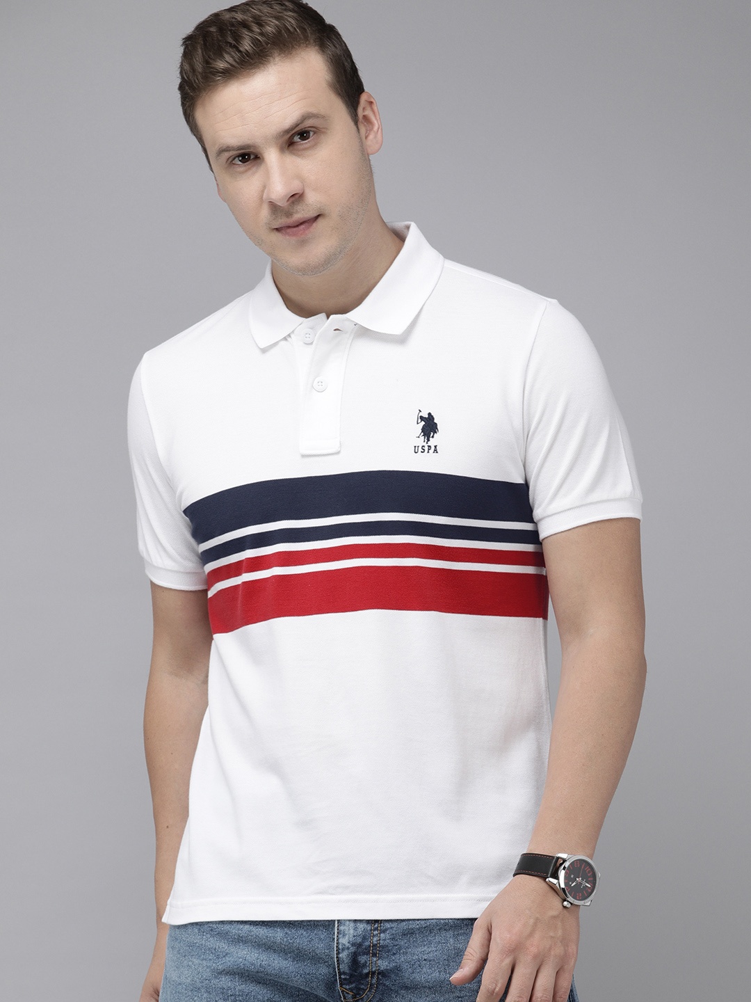 

U.S. Polo Assn. Striped Polo Collar Pure Cotton Slim Fit T-shirt, White