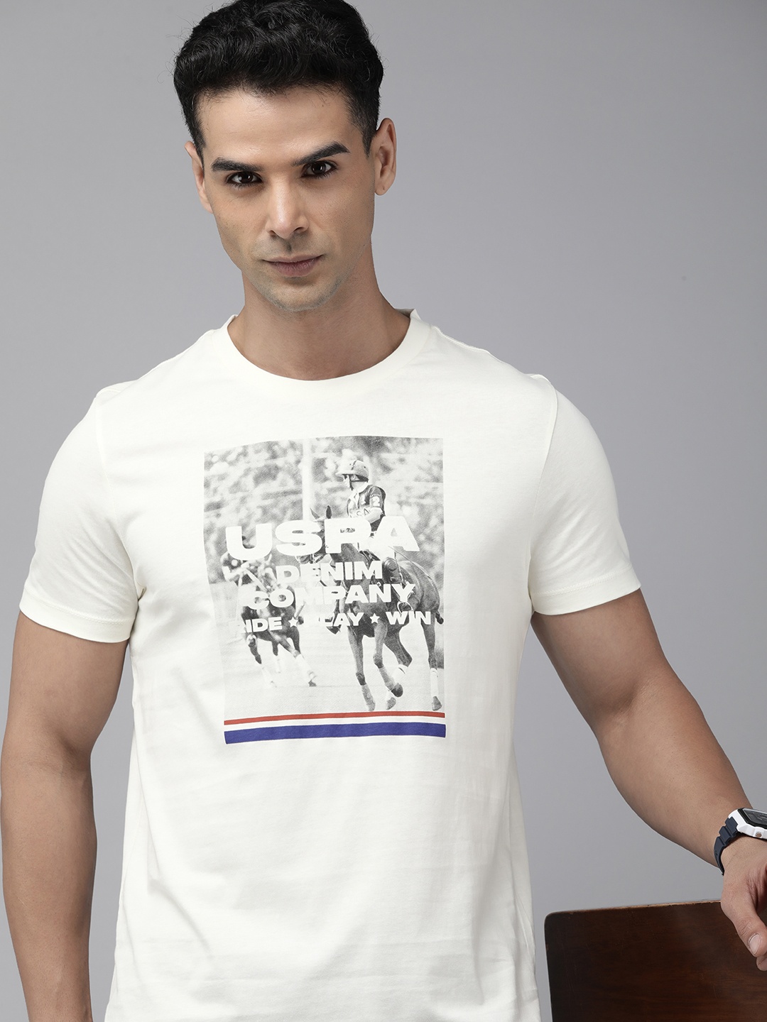 

U.S. Polo Assn. Denim Co. Printed Pure Cotton Slim Fit T-shirt, Cream