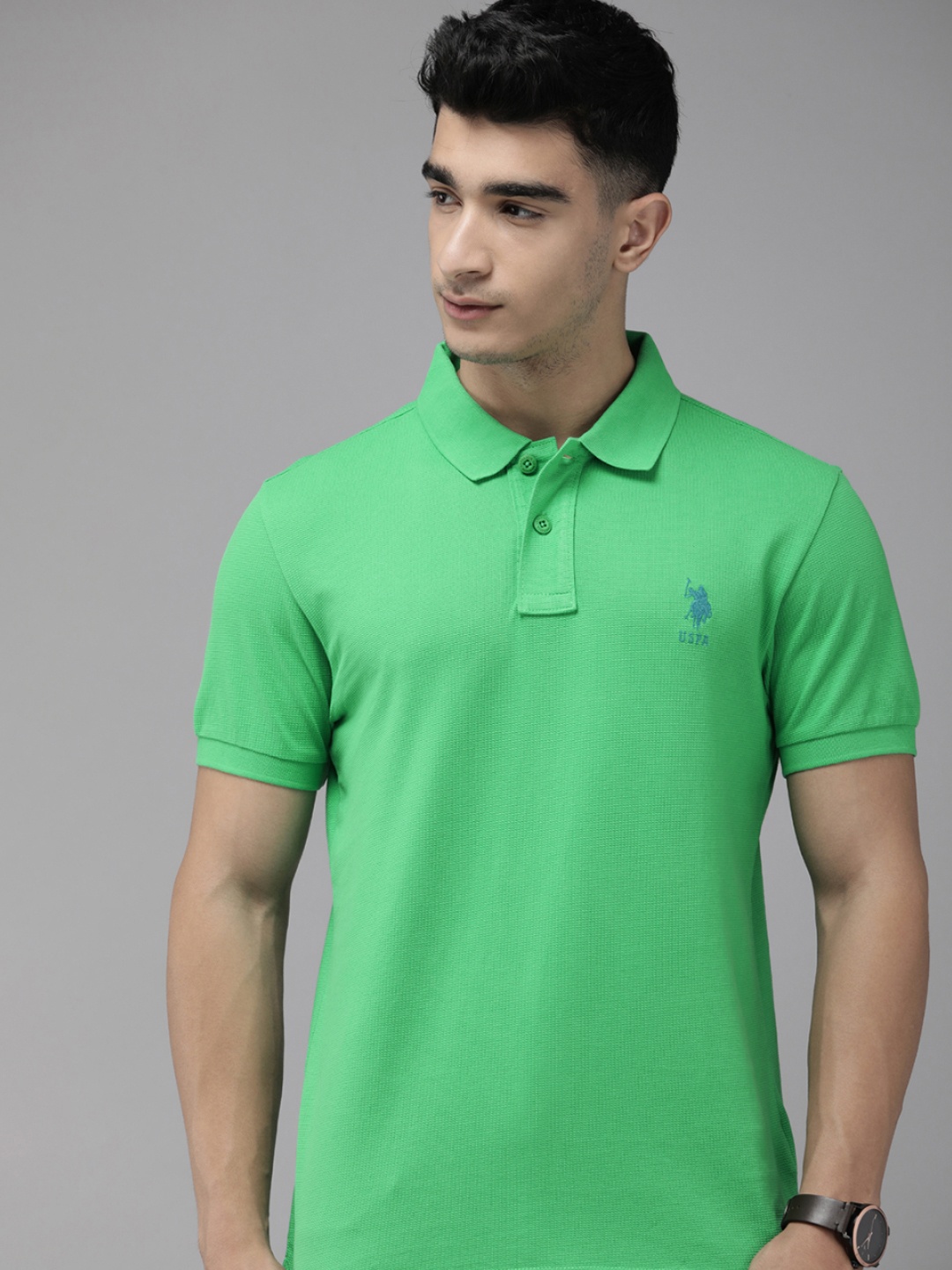 

U.S. Polo Assn. Men Polo Collar Pure Cotton Slim Fit T-shirt, Green