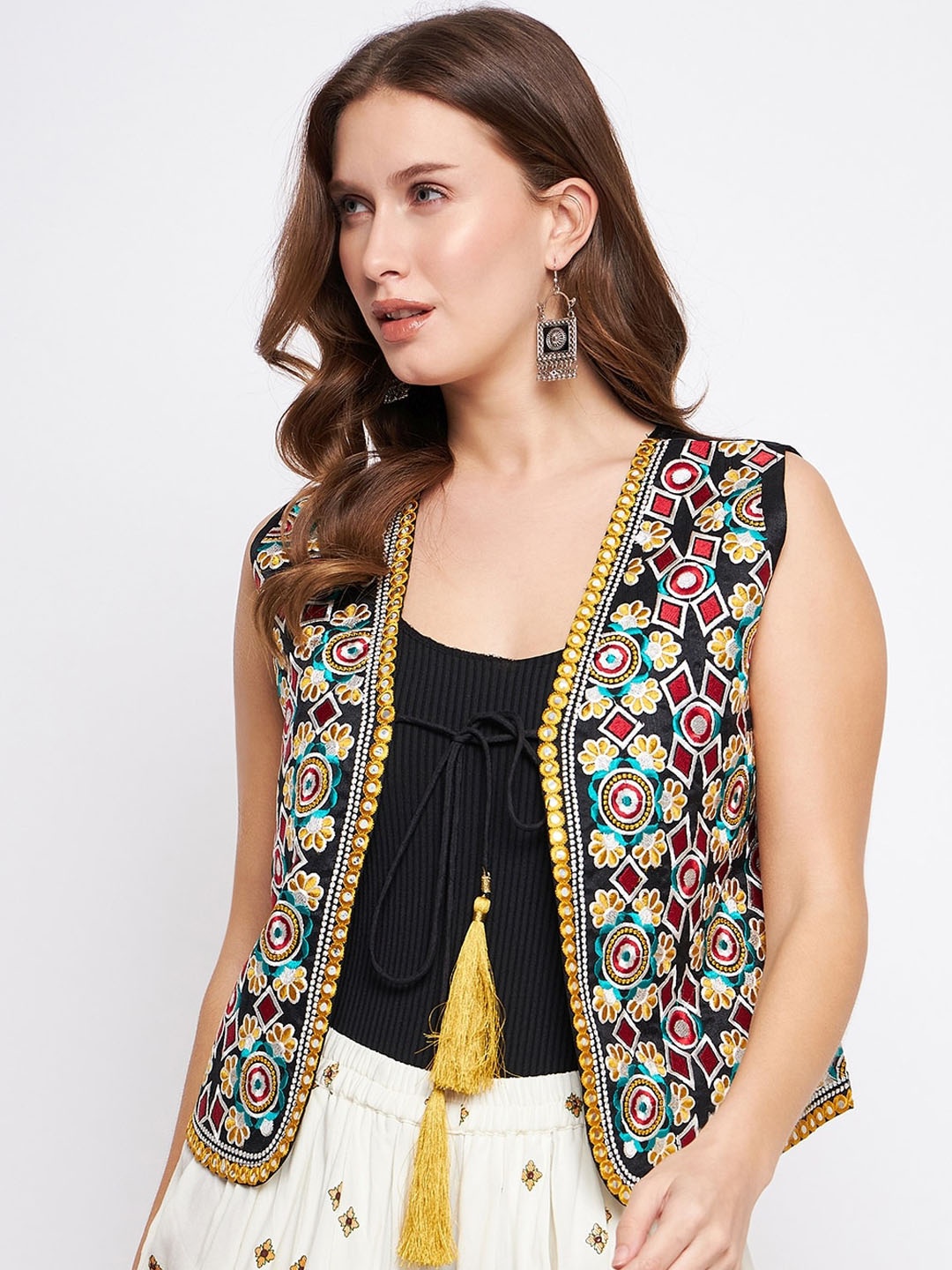 

TULIP 21 Floral Embroidered Lightweight Crop Silk Open Front Jacket, Black