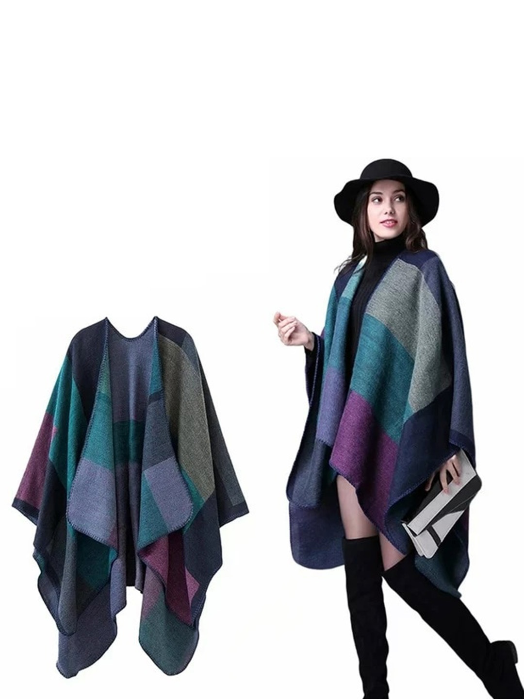 

Alexvyan Checked Knitted Wrap Cape Shawl, Blue