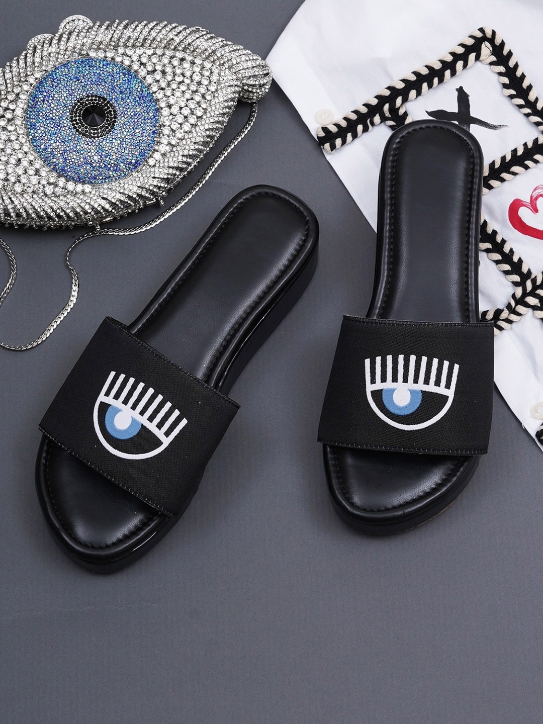 

HASTEN Printed Open Toe Flatform Heels, Black