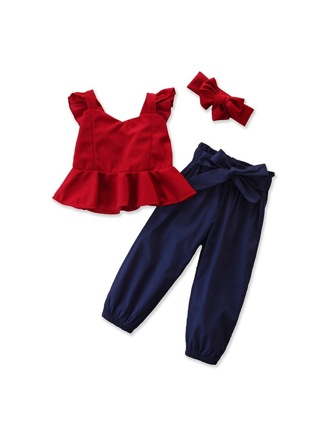

StyleCast Girls Red & Navy Blue Flutter Sleeves Pure Cotton Top With Joggers