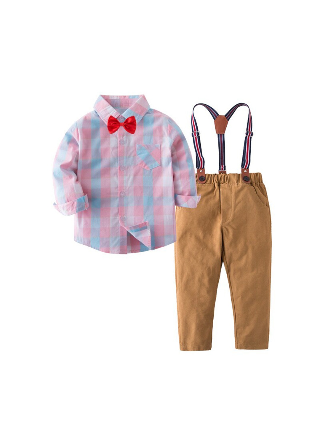 

StyleCast Boys Pink Checked Shirt And Trousers With Suspenders