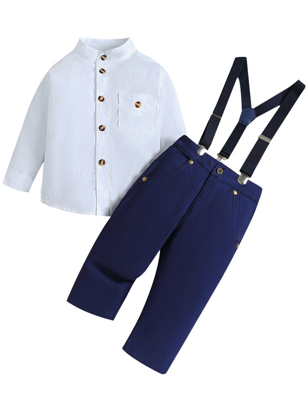 

StyleCast Boys Navy Blue & White Band Collar Shirt & Trousers With Suspenders