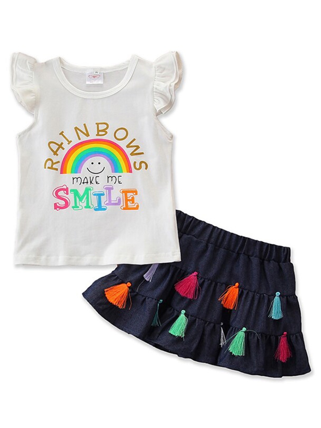 

StyleCast Girls White & Navy Blue Graphic Printed Top With Self Design Skirt