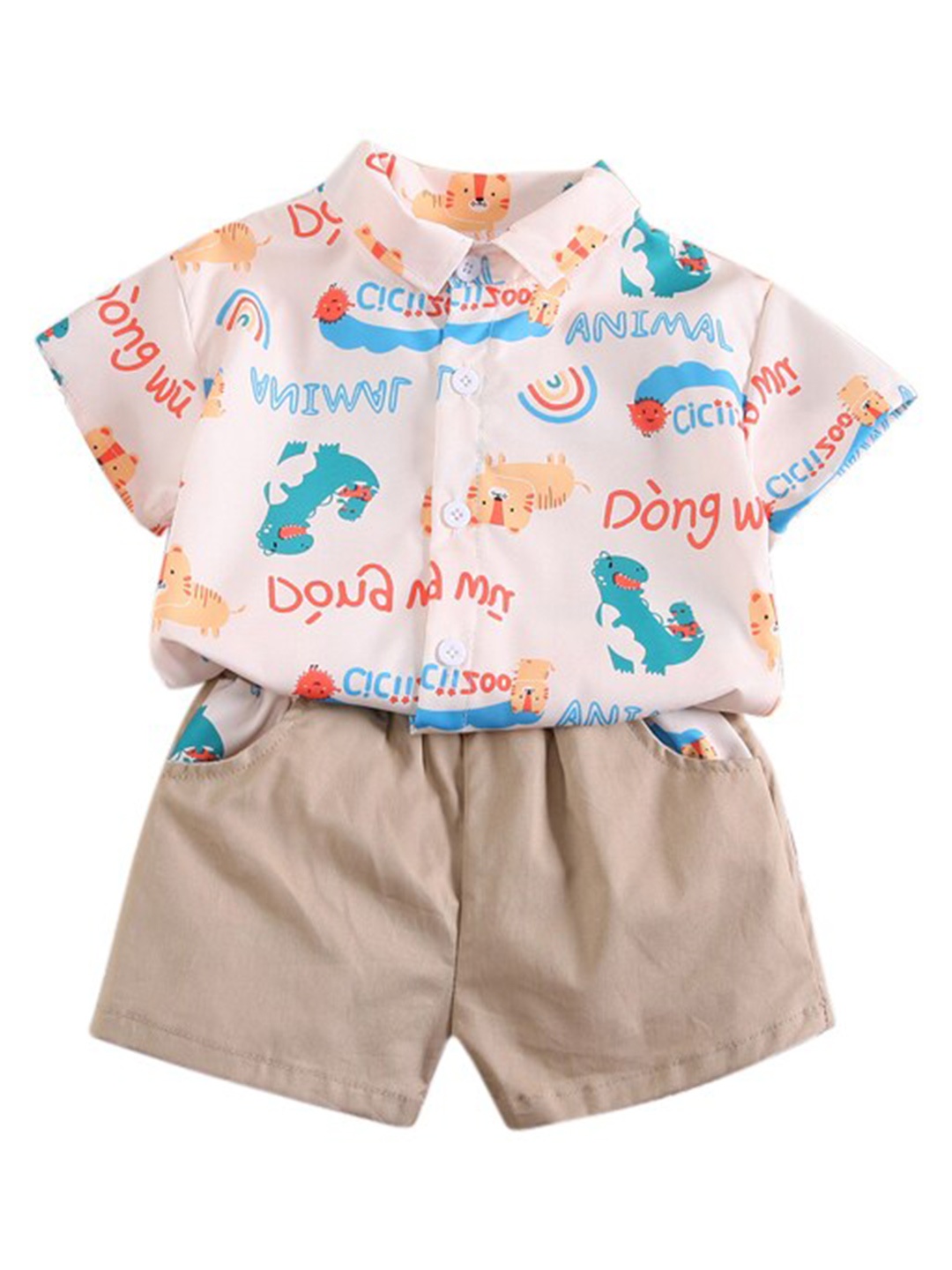 

StyleCast Boys White & Khaki Printed T-shirt and Shirt with Trousers