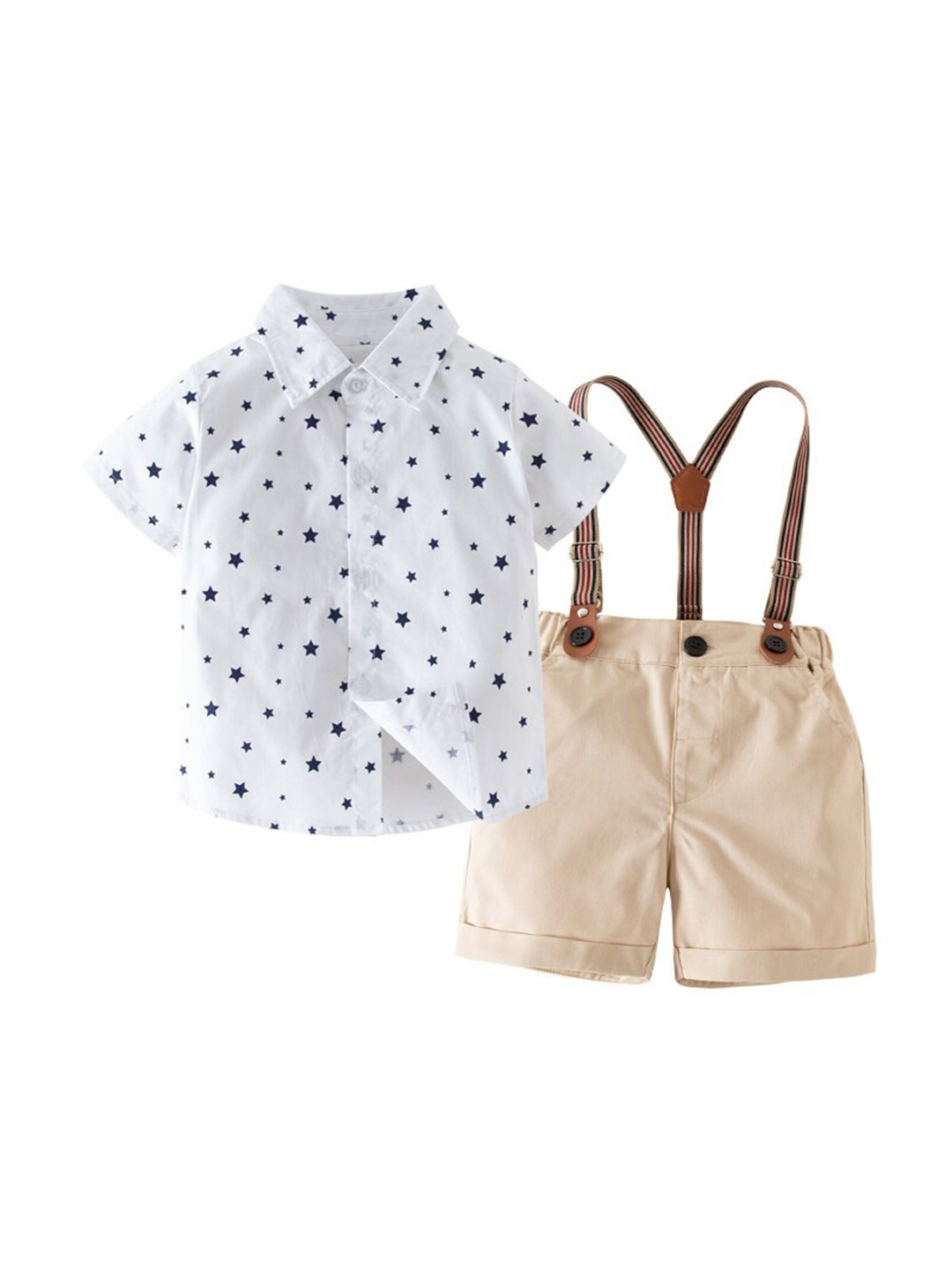 

StyleCast Boys White Printed Shirt with Shorts And Suspenders