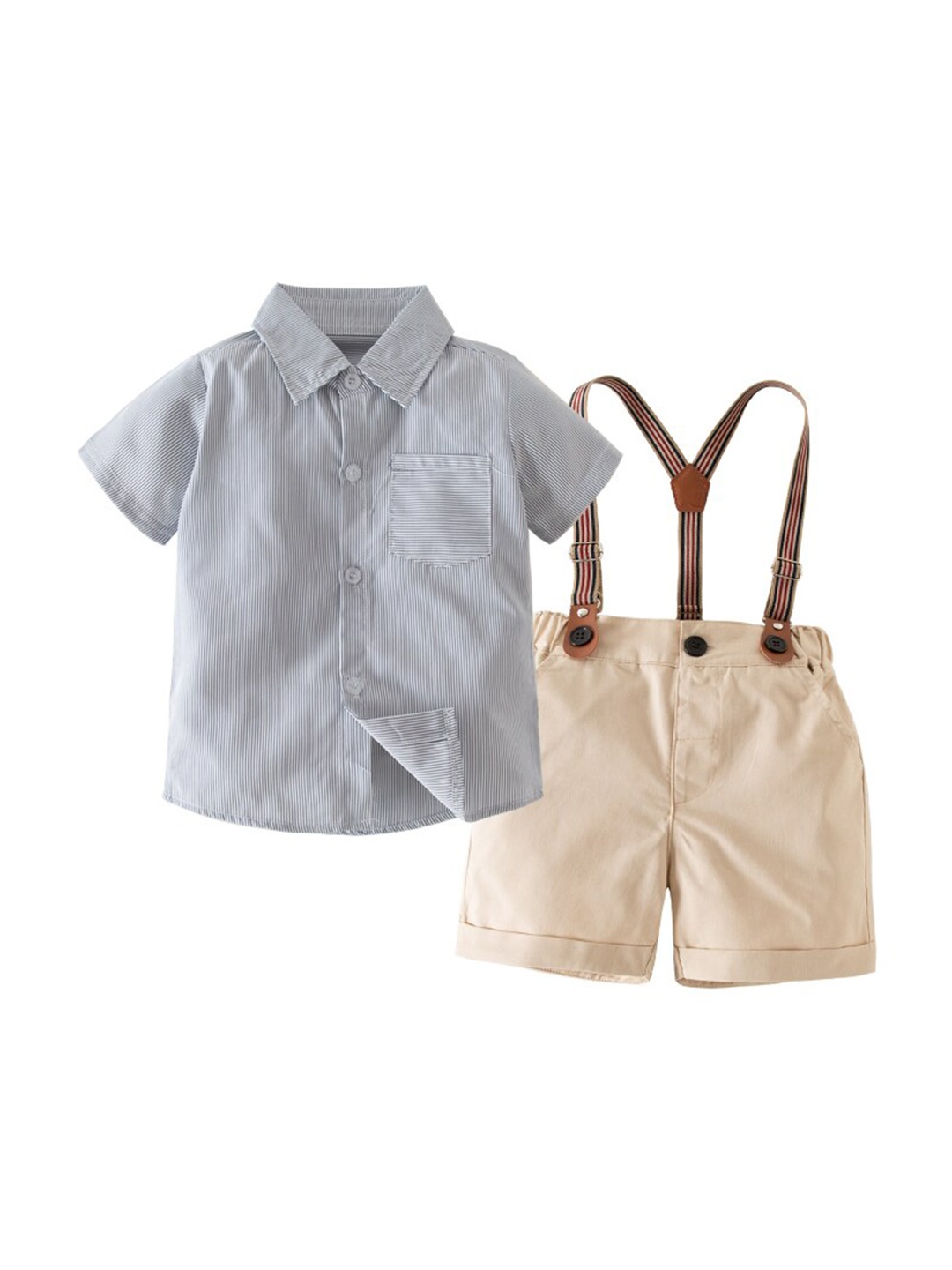 

StyleCast Boys Grey & Beige Striped Shirt With Shorts & Suspenders
