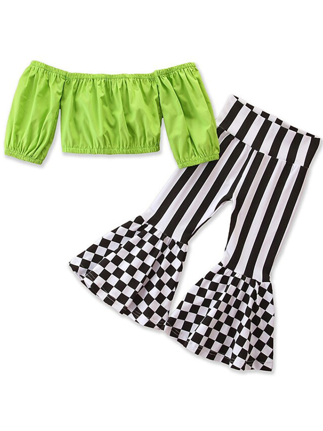 

StyleCast Girls Green Off-Shoulder Top with Striped Bootcut Trouser
