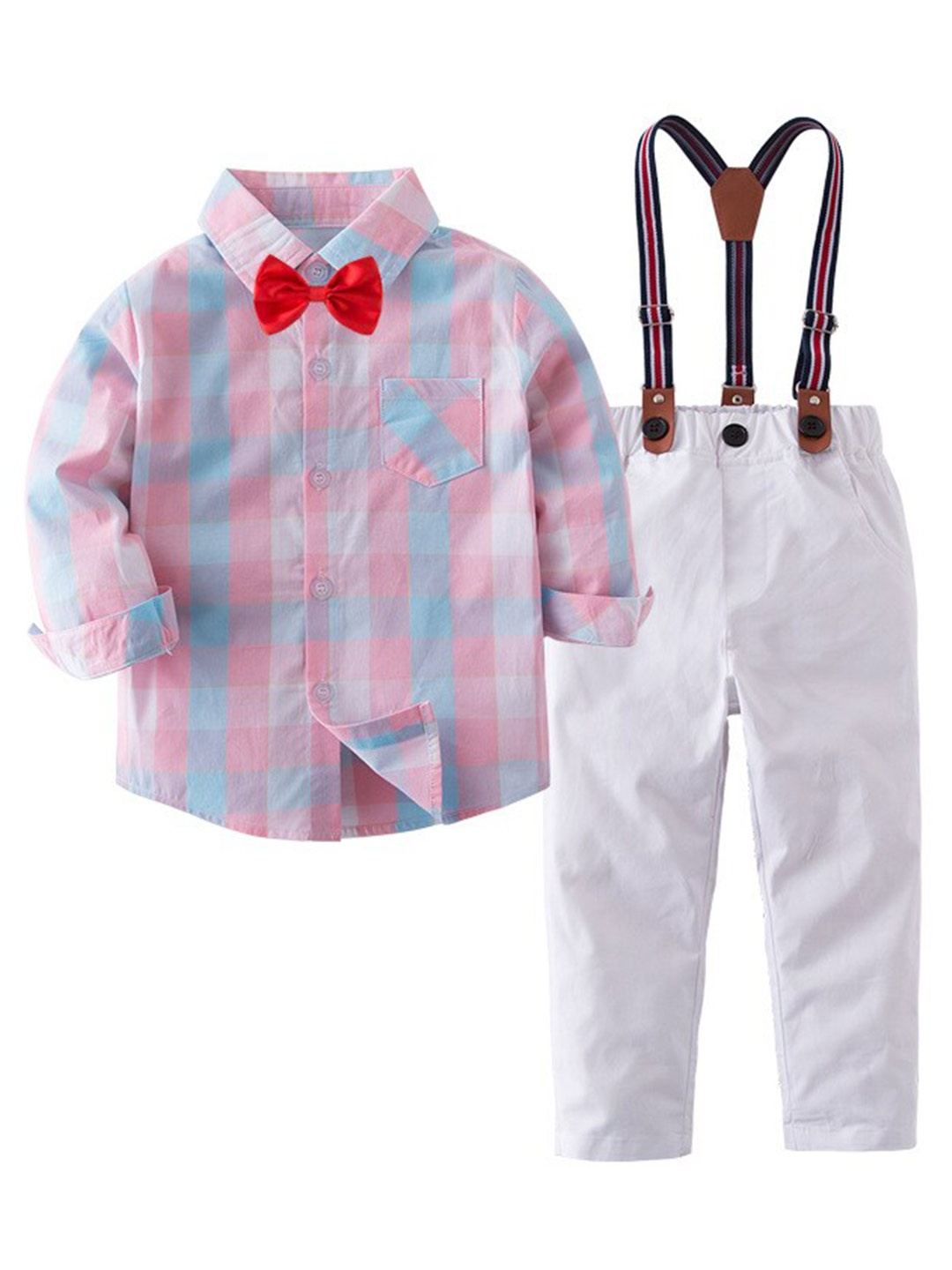 

StyleCast Boys Pink Checked Shirt Collar Shirt & Trouser With Suspenders