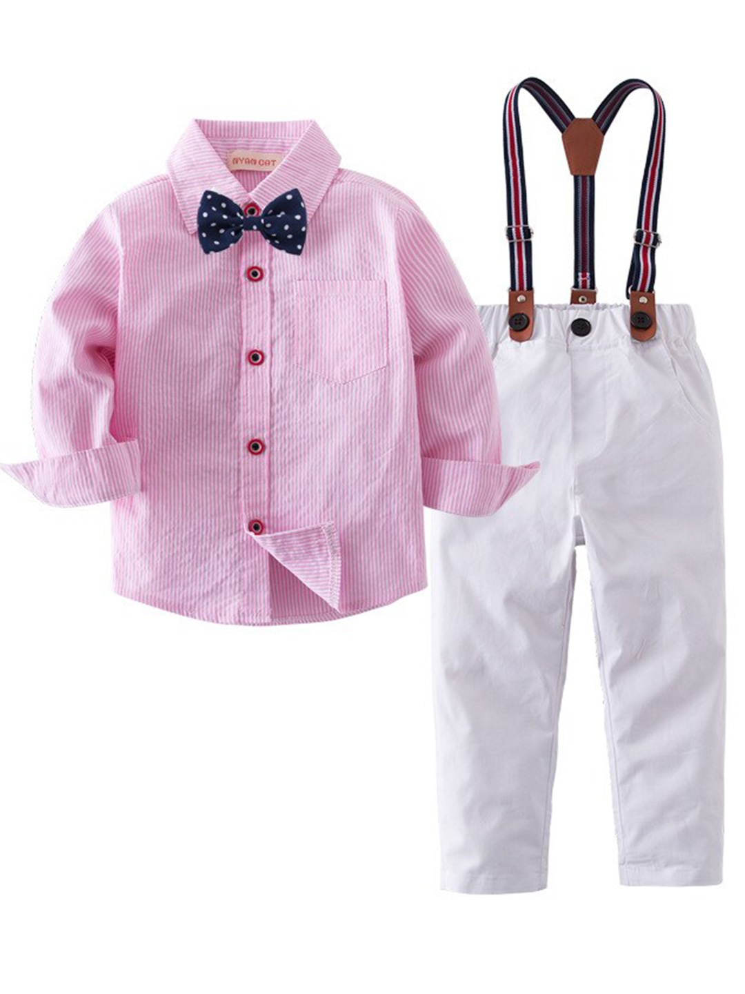 

StyleCast Boys Pink & White Striped Shirt & Trousers With Suspenders