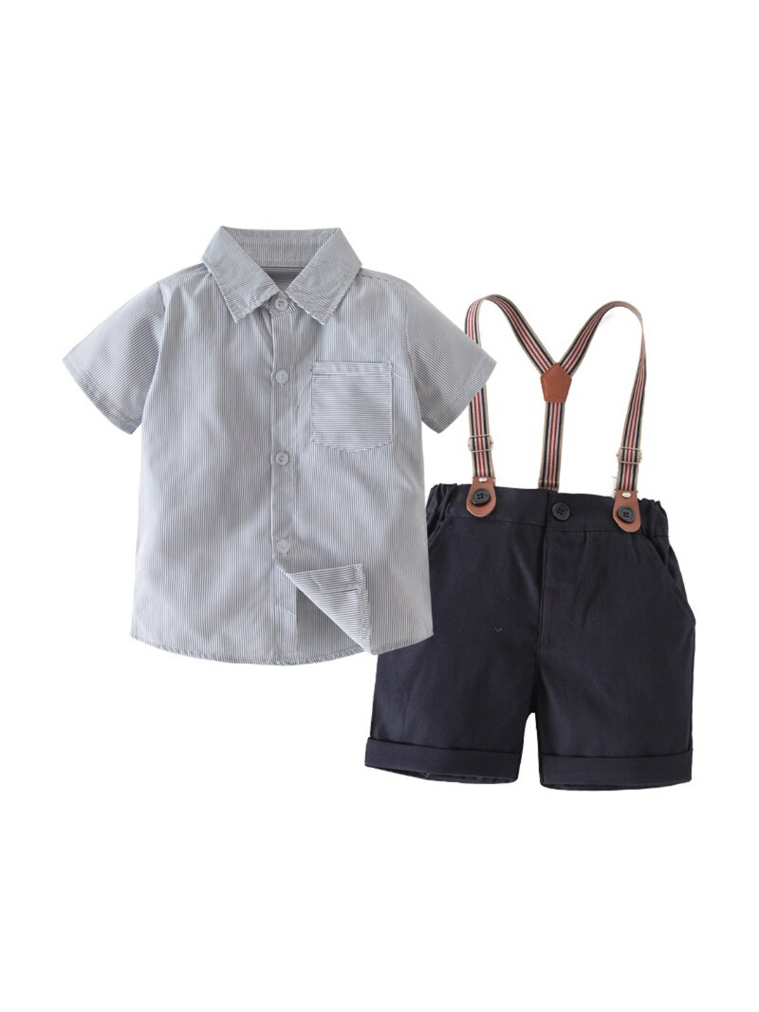 

StyleCast Boys Grey & Blue Striped Shirt with Shorts & Suspenders