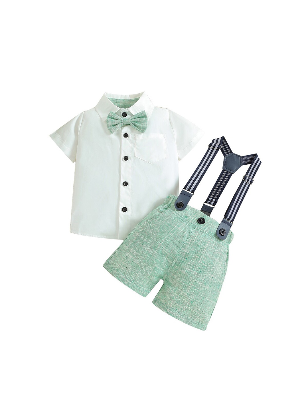 

StyleCast Boys White & Sea Green Shirt & Shorts With Suspenders