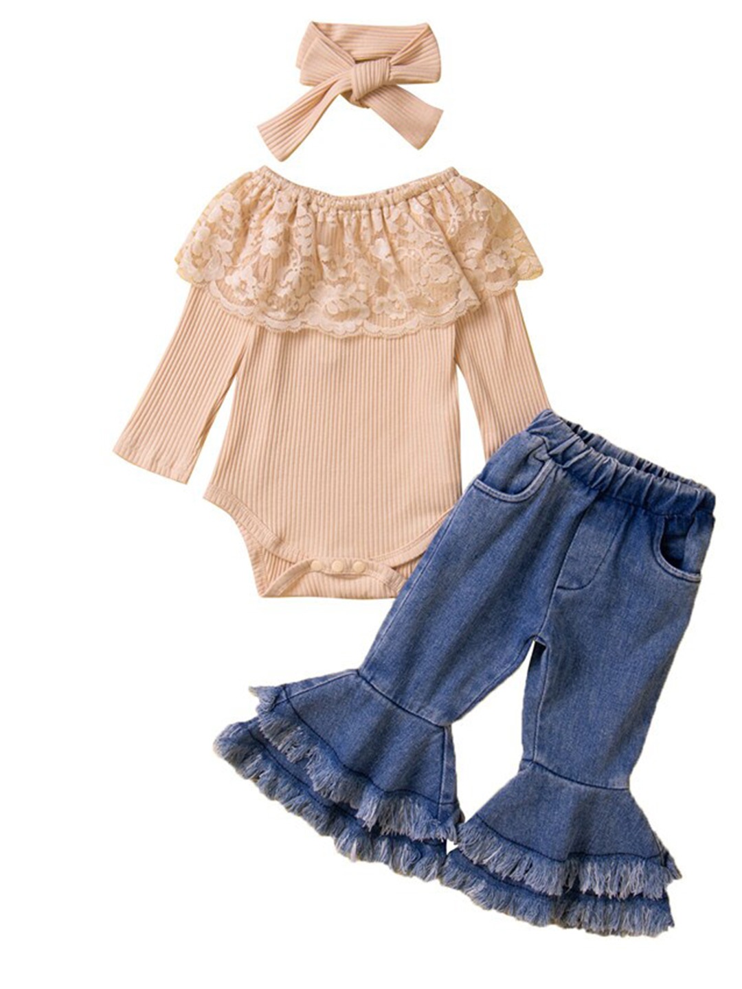 

StyleCast Girls Beige & Blue Lace Bodysuit With Palazzo & Head Band