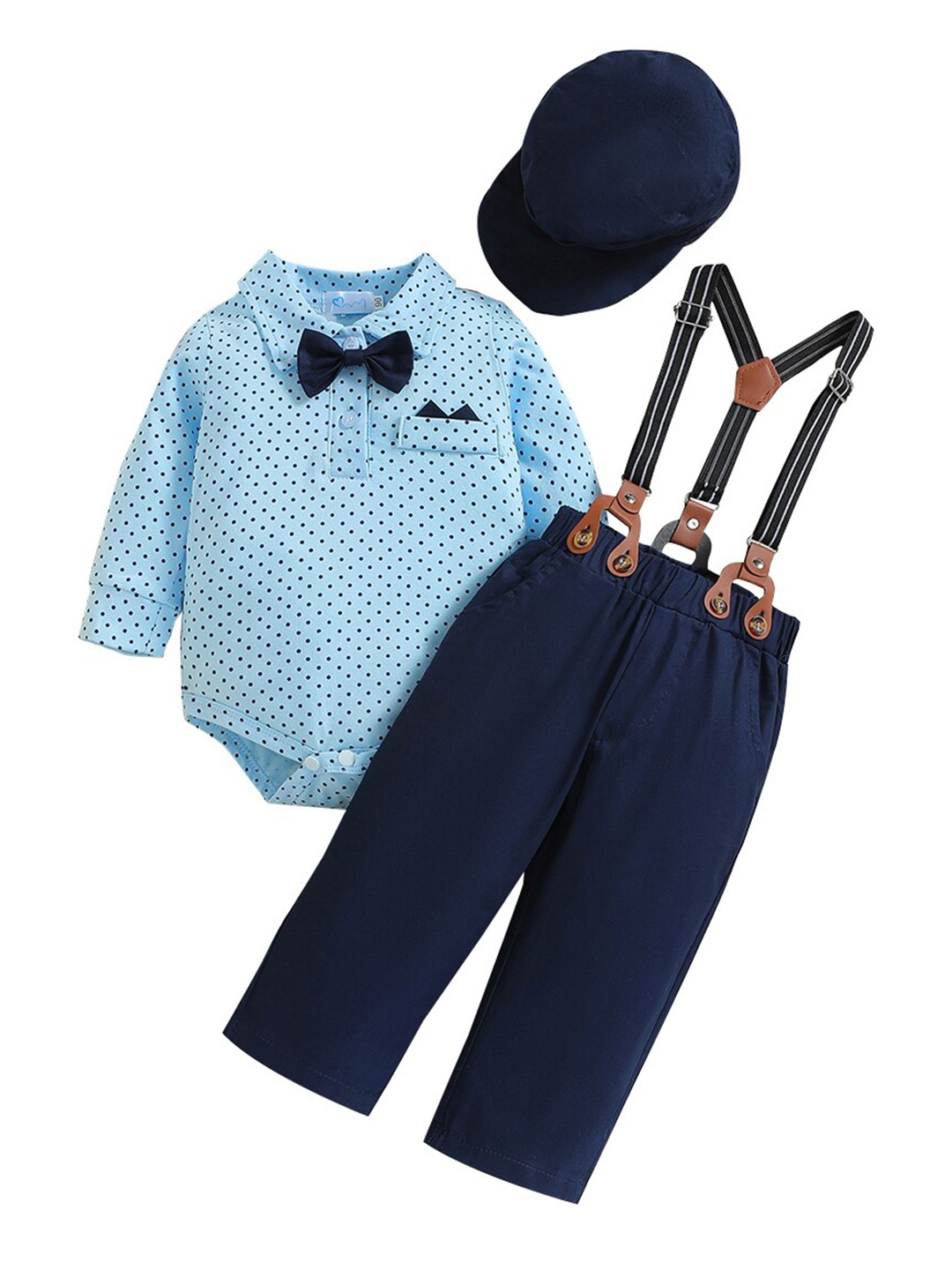 

StyleCast Infant Boys Blue Printed Bodysuit With Trousers & Suspenders & Cap