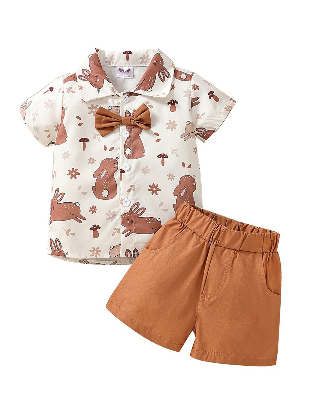 

StyleCast Boys Brown Printed Shirt with Shorts, Off white