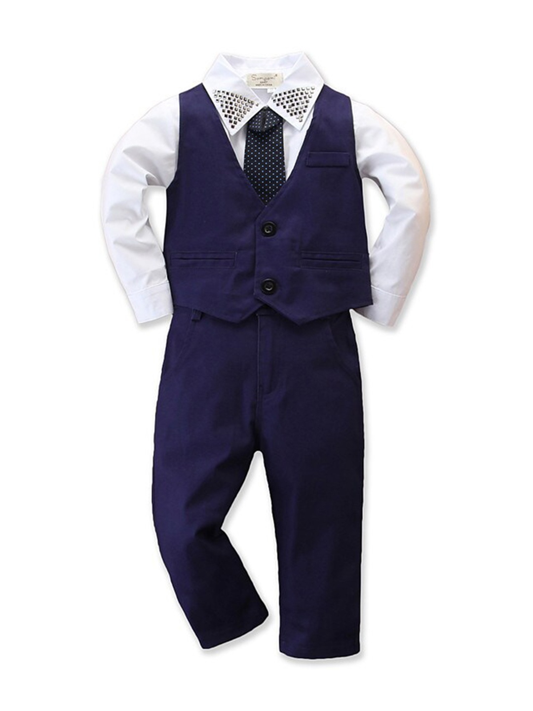 

StyleCast Boys Navy Blue Embellished Shirt with Trousers & Waistcoat