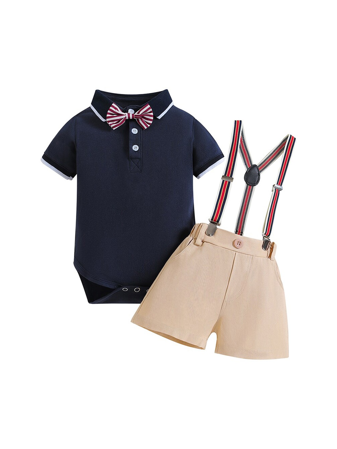 

StyleCast Boys Navy Blue & Beige Bodysuit With Shorts & Suspenders