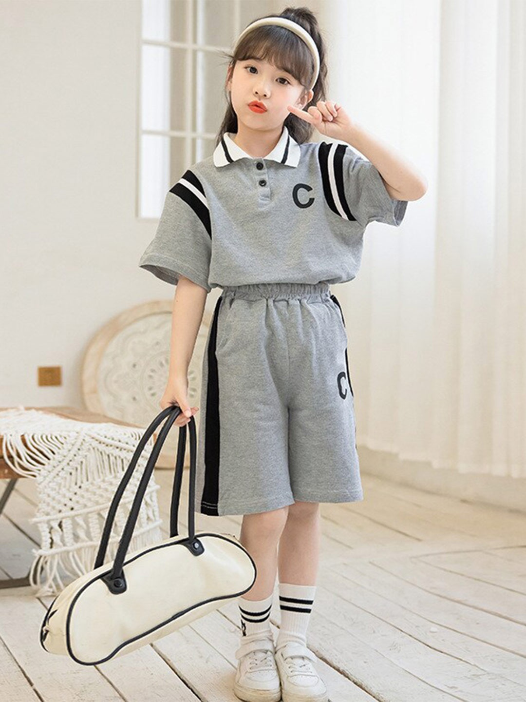 

StyleCast Girls Grey Shirt Collar Pure Cotton Top with Shorts