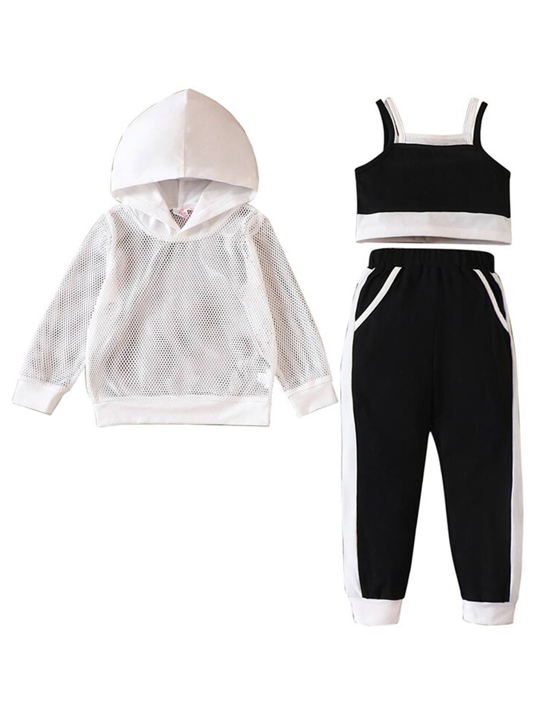 

StyleCast Girls White Shoulder Straps Top & Joggers With Hooded Sweatshirt, Black