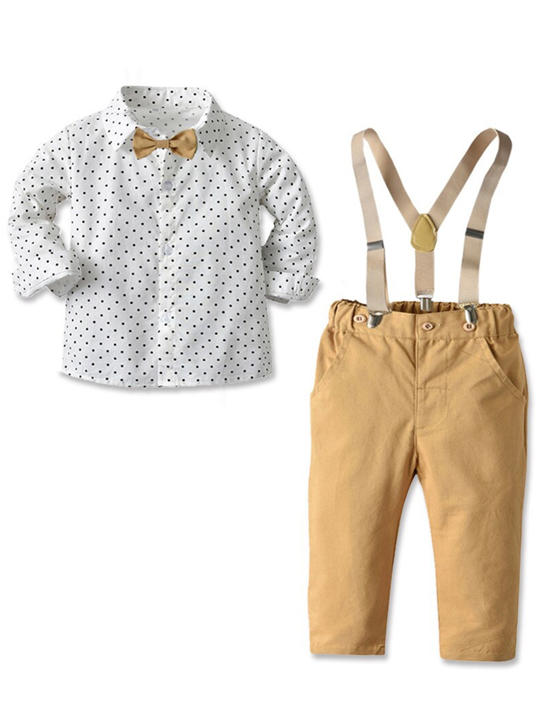 

StyleCast Boys White Printed Shirt with Trousers And Suspenders & Bow