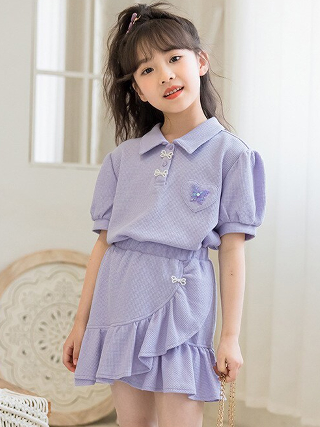 

StyleCast Girls Purple Shirt Collar Pure Cotton Top with Skirt