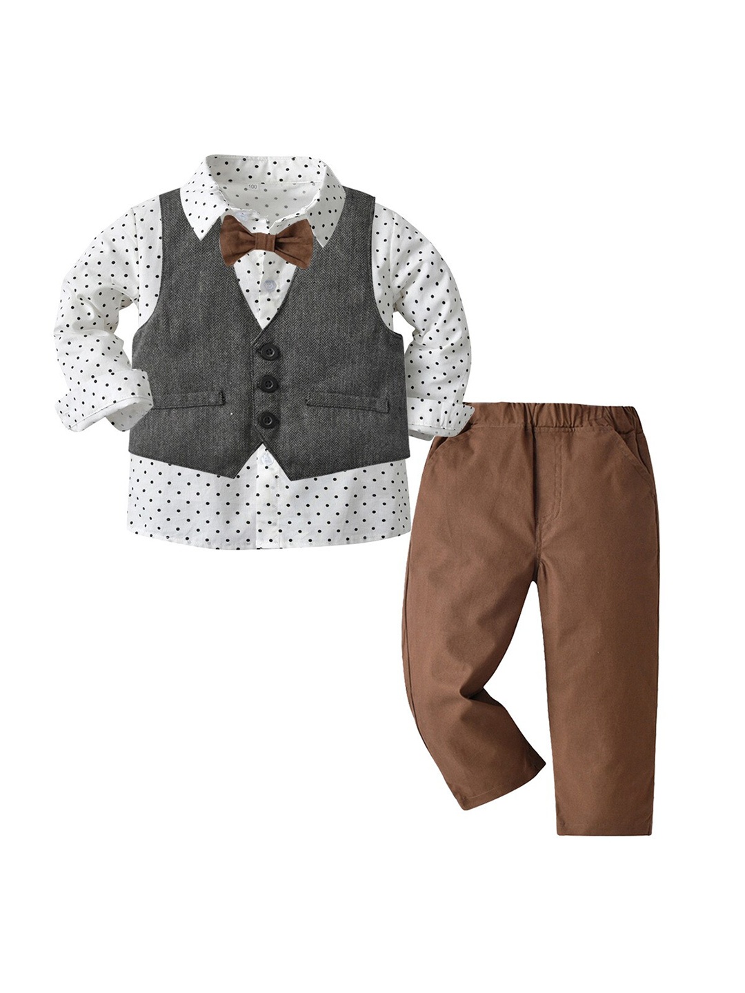 

StyleCast Boys White & Brown Polka Dot Printed 3 Piece Suit