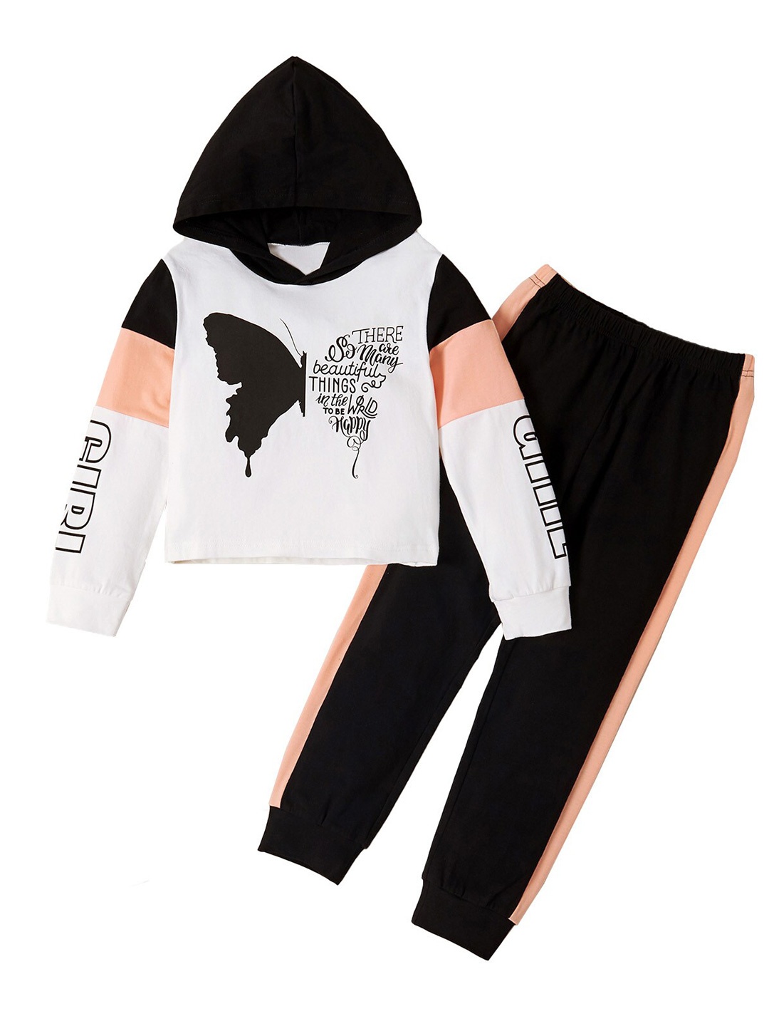

StyleCast Girls White & Black Printed Hooded T Shirt With Trousers