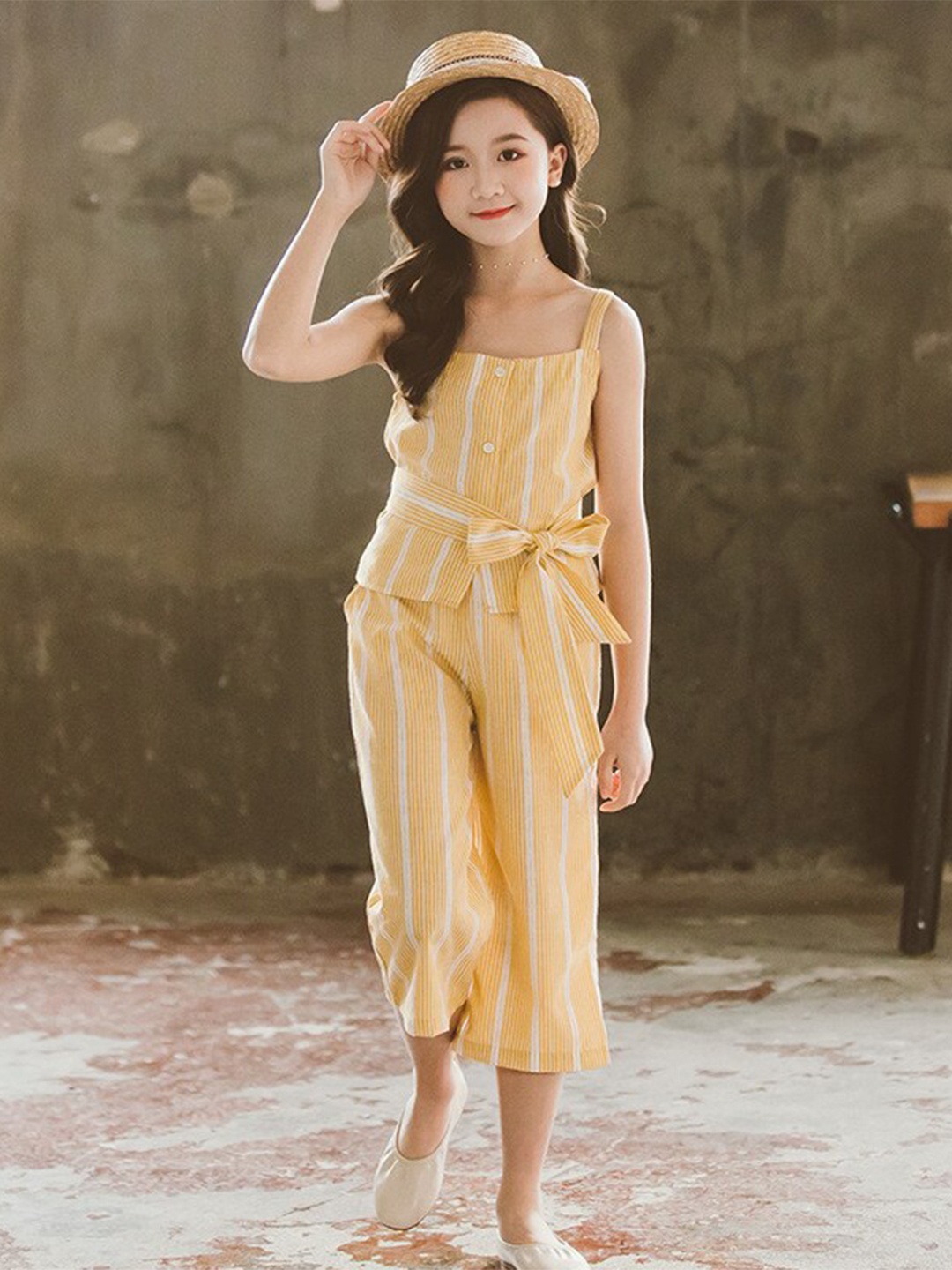 

StyleCast Girls Yellow Striped Shoulder Straps Pure Cotton Top with Palazzos