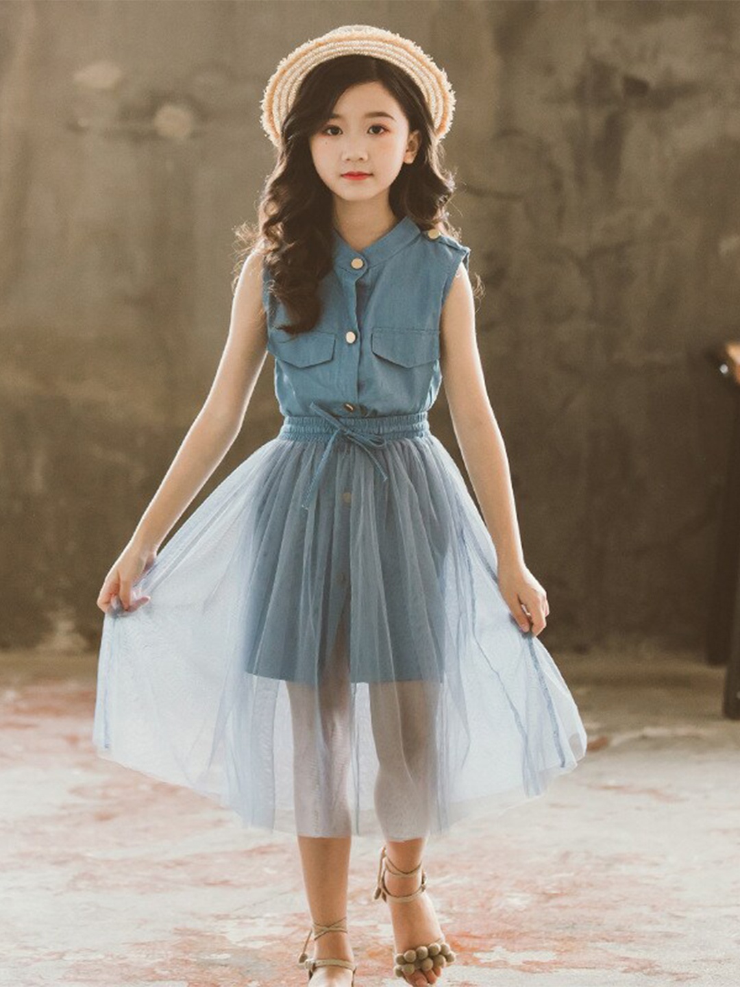 

StyleCast Girls Mandarin Collar Pure Cotton Longline Top with Skirt, Blue