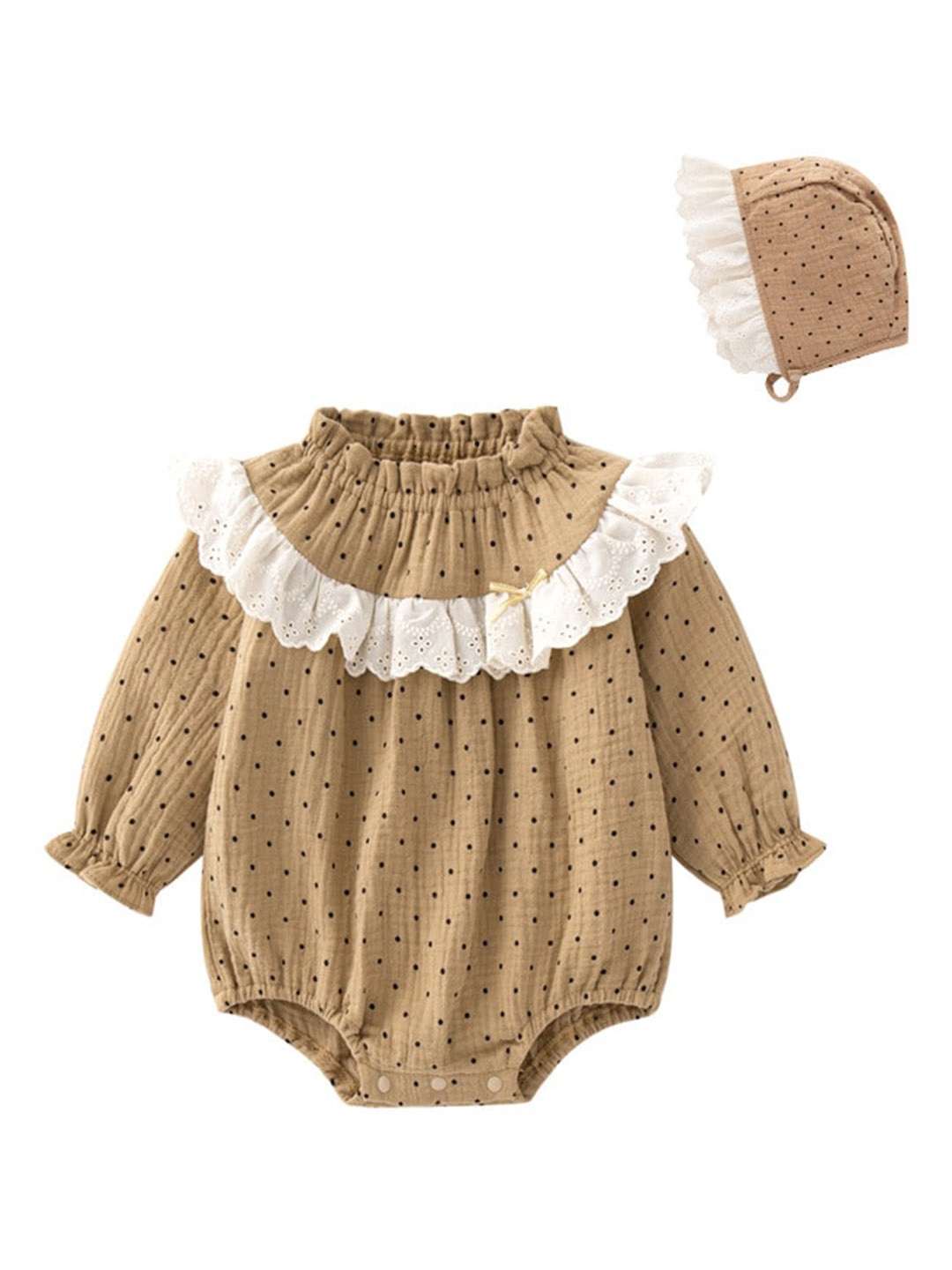 

StyleCast Khaki Infant Girls Polka Dots Printed Cotton Lace Bodysuit With Cap