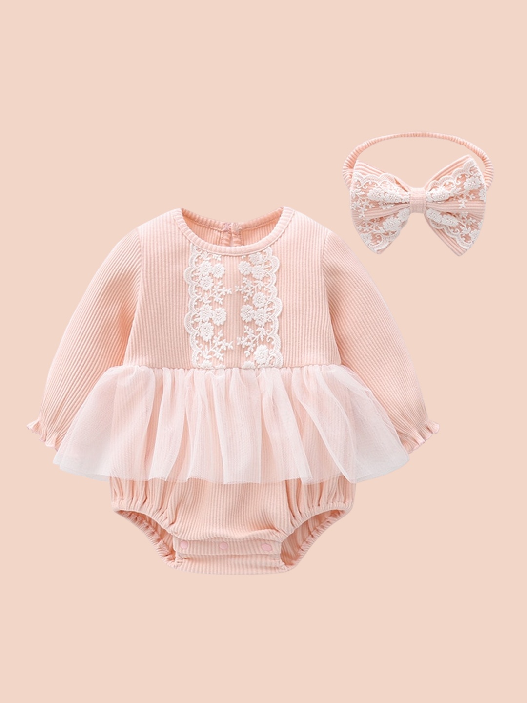 

StyleCast Infant Girls Pink Self-Design Cotton Dress Style Bodysuit With Hair Band