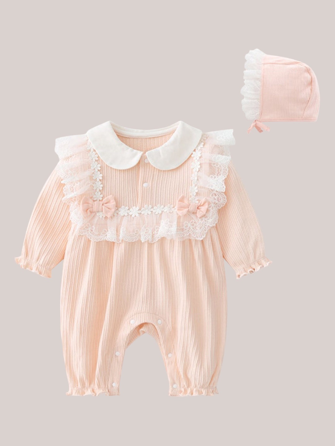 

StyleCast Infant Girls Peach-Coloured Pure Cotton Romper With Bonnet