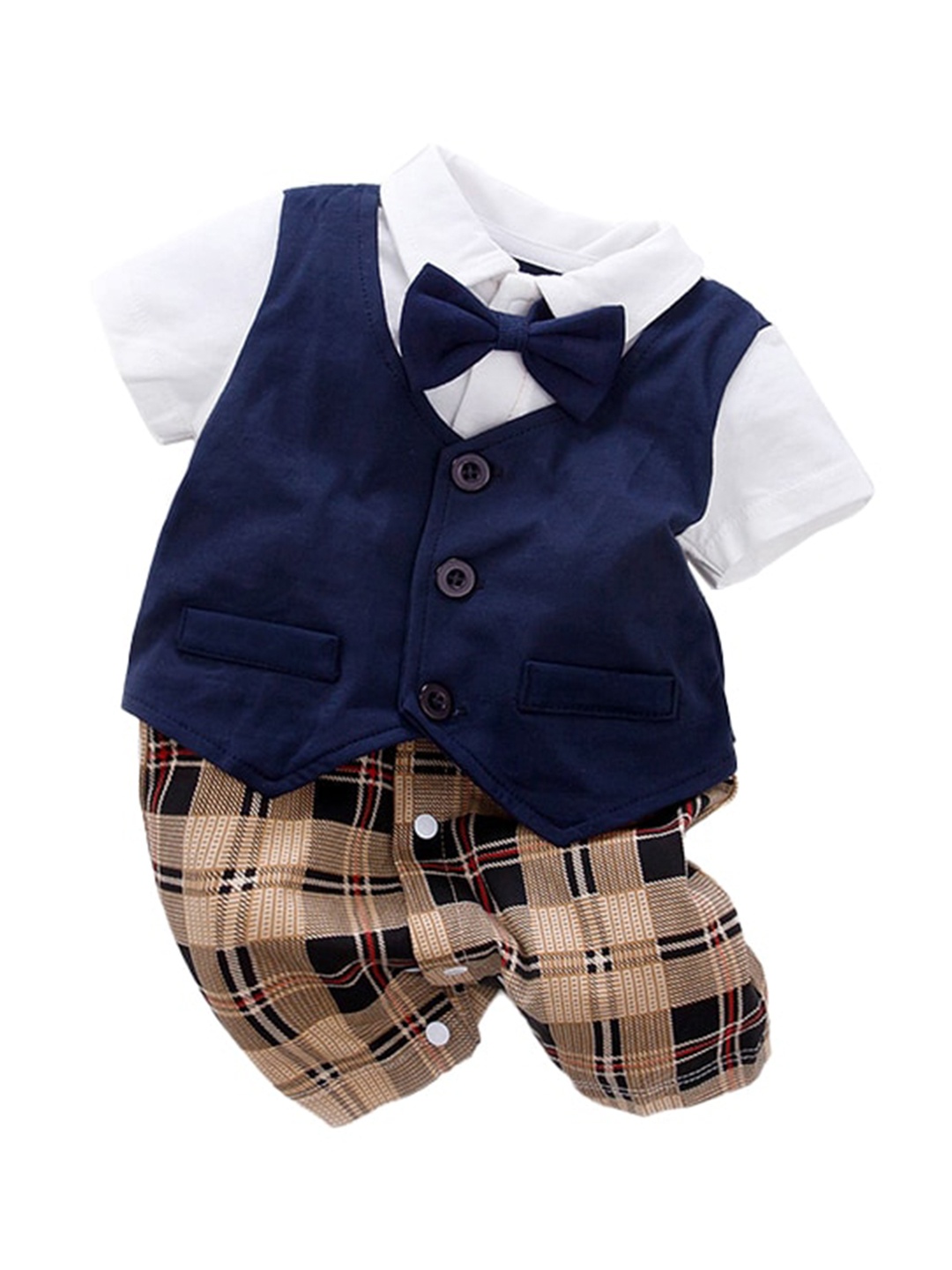 

StyleCast Infant Boys Navy Blue Checked Cotton Rompers With Bow