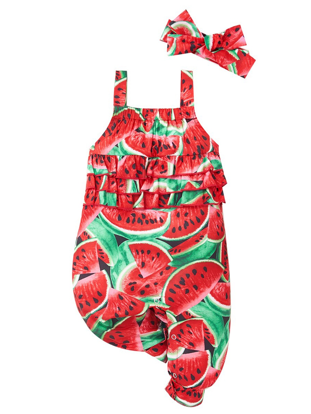 

StyleCast Girls Red Abstract Printed Ruffles Cotton Capri Jumpsuit