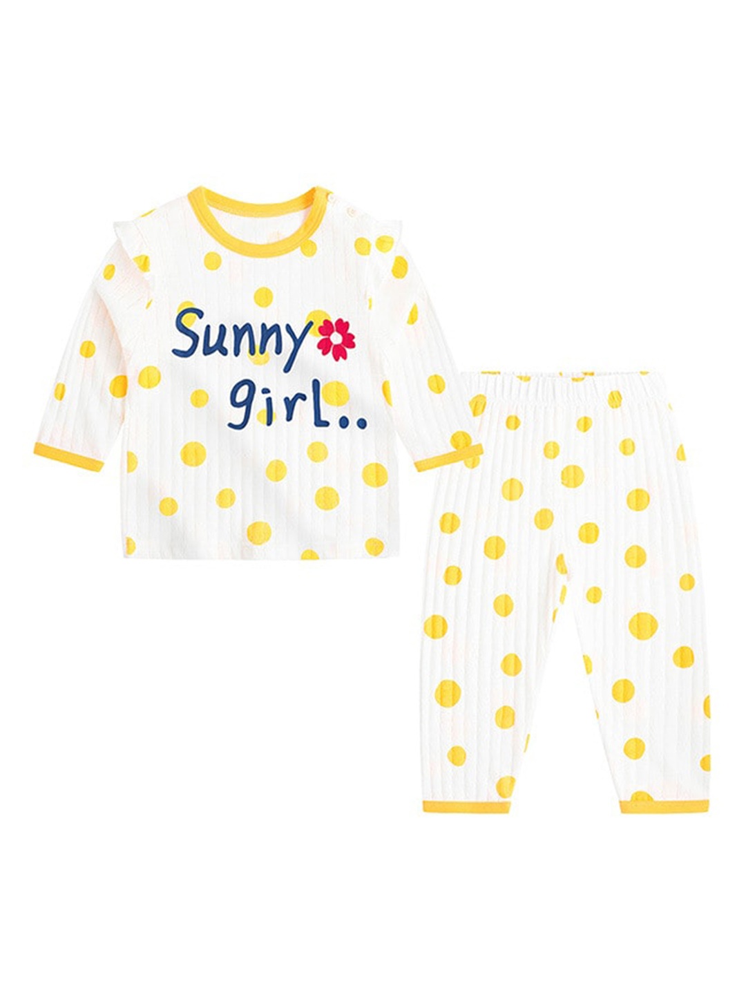 

StyleCast Girls White & Yellow Polka Dots Printed Pure Cotton T-shirt With Pyjamas