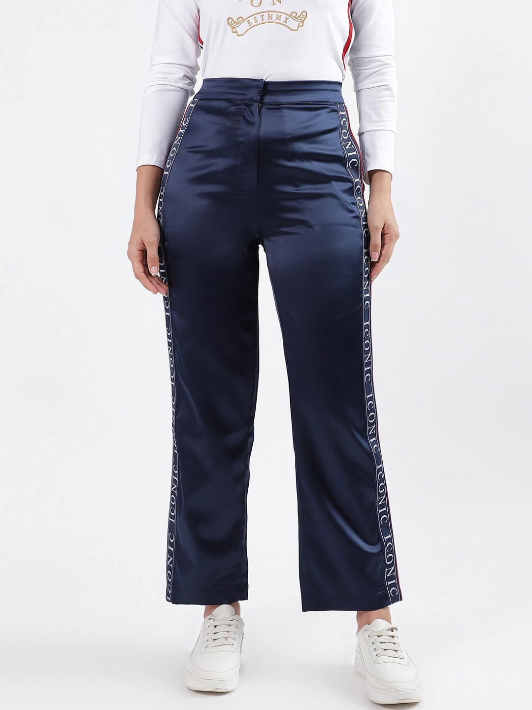 

Iconic Women Regular Fit Typography Printed Mid-Rise Regular Trouser, Navy blue