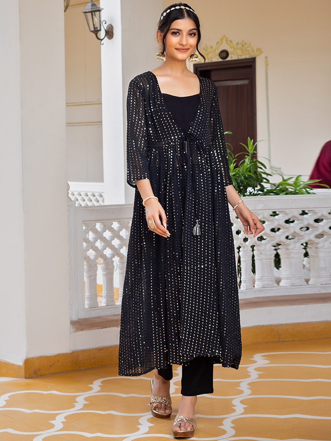 

KASYA Round-Neck Crop Top & Embellished Anarkali Shrug With Trousers, Black