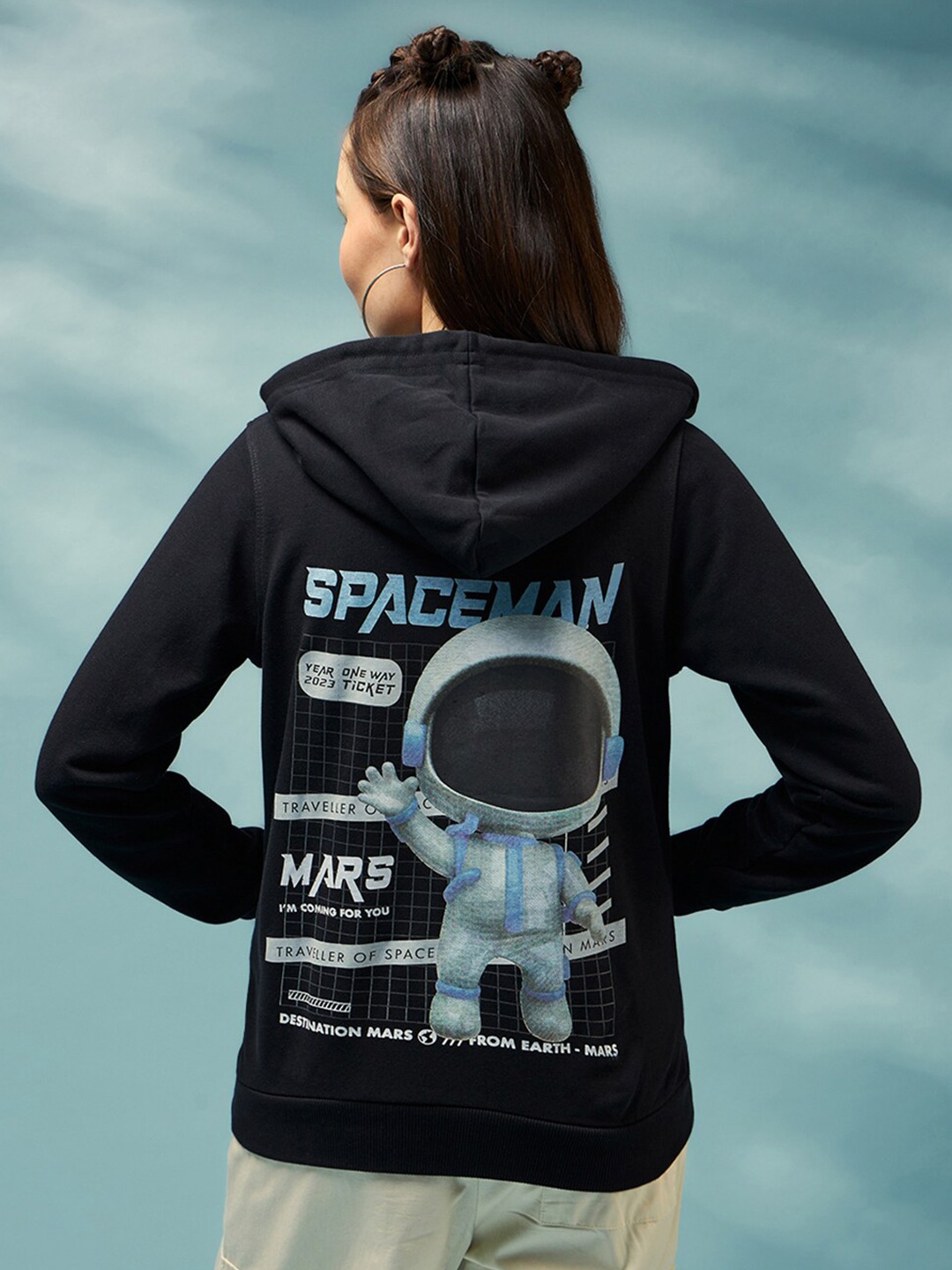 

Bewakoof Black NASA Printed Hooded Long Sleeves Oversized Pullover Sweatshirt