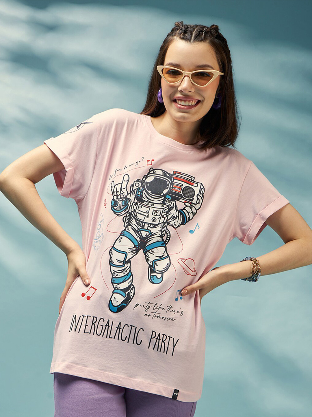 

Bewakoof NASA Printed Drop-Shoulder Sleeves Oversized Cotton Longline Boyfriend T-shirt, Pink