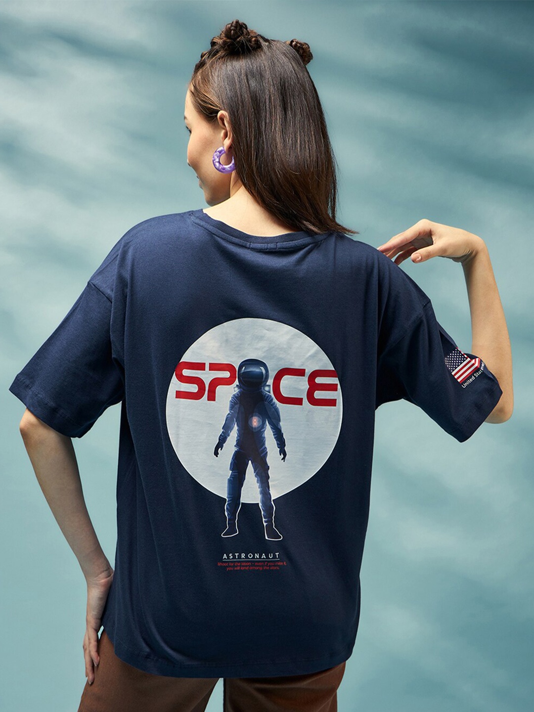 Bewakoof Navy Blue Official Nasa Graphic Printed Oversized Cotton T-shirt